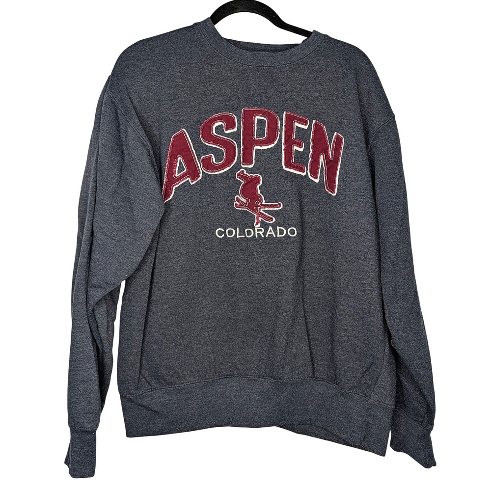 Blue 84 Aspen Colorado Sweatshirt Gray Burgundy Skier Graphic Crew Neck Medium